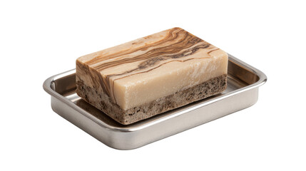 Rectangular bar of soap, light beige and brown marbled design, resting in a small, shallow, metal tray