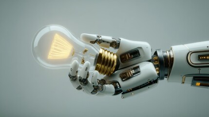 A futuristic robotic arm with polished metallic parts delicately holds a glowing light bulb,