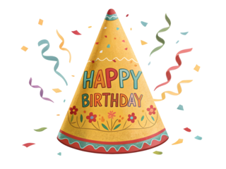 Colorful Cartoon Style Birthday Party Hat with Happy Birthday Text and Confetti on Black Background isolated on a transparent background