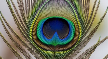 Fototapeta premium Detailed close-up of a vibrant peacock feather with iridescent colors