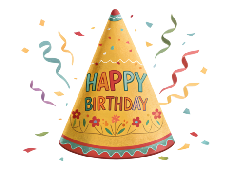 Colorful Cartoon Style Birthday Party Hat with Happy Birthday Text and Confetti on Black Background isolated on a transparent background - Powered by Adobe