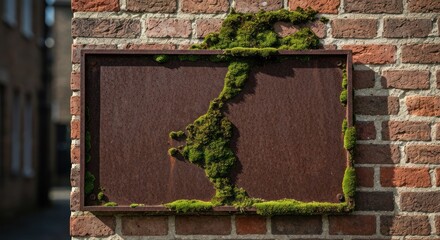 Rusted metal sign covered in moss affixed to a brick wall