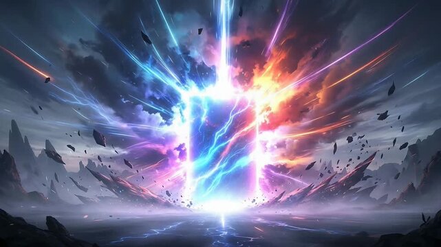 Epic glowing interdimensional portal over stormy mountain landscape with lightning.