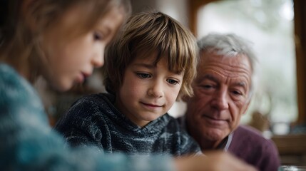 Obraz premium Multi gene nal family bonding as a grandfather teaches his grandchildren with focused attention in a warm natural light setting