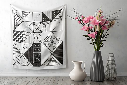Modern geometric patterned textile hanging on a wall with flowers - Powered by Adobe