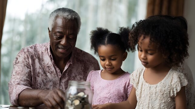 A loving grandfather teaches his young granddaughters about the importance of saving money as they attentively look at coins in a glass jar fostering