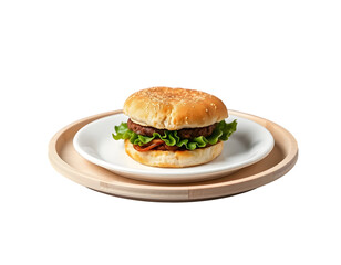 Delicious Hamburger on a Plate with a Wooden Tray
