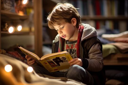 Cute preteen boy leafing through a book while sitting in a library or bookstore.