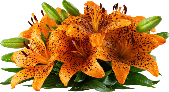 Close-up of a cluster of orange lilies with dark spots, water droplets, and green leaves