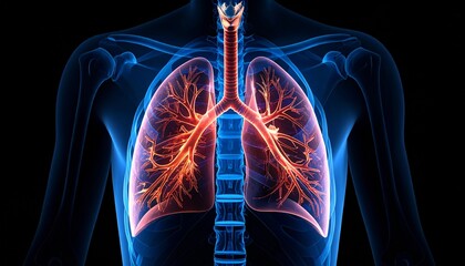 human Lungs Anatomy, glowing, transparent on black, Generated with AI.