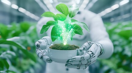 A robot holding a plant with glowing green lines, symbolizing advanced technology in agriculture and smart farming innovations.