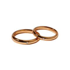Two overlapping, polished, rose gold wedding bands, featuring a single diamond accent each