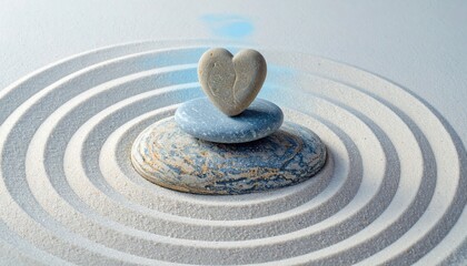 Obraz premium Light-blue heart-shaped stone atop stacked stones on a zen garden
