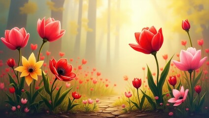 A vibrant floral scene of tulips and anemones in a sunlit forest path, displaying a variety of warm and cool tones.