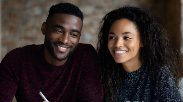 Happy young couple smiling while discussing future plans and financial goals together in a warm inviting indoor setting