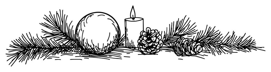 minimal christmas border with candle bauble and pine branches hand drawn