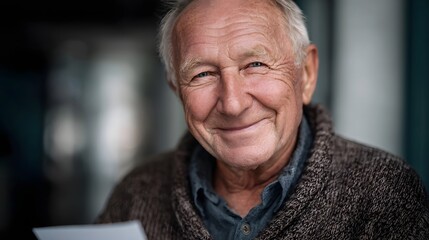 A cheerful elderly man with kind eyes smiles genuinely while holding a document embodying a sense of peace and contentment