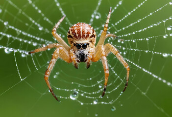 Macro photograph of a spider in a web with dewdrops