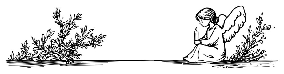 christmas angel with candle and botanical background in line art