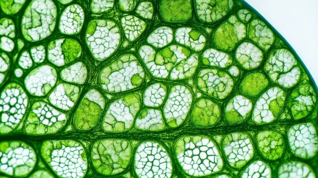 Microscopic view of plant cells showing intricate cellular structures, chloroplasts,