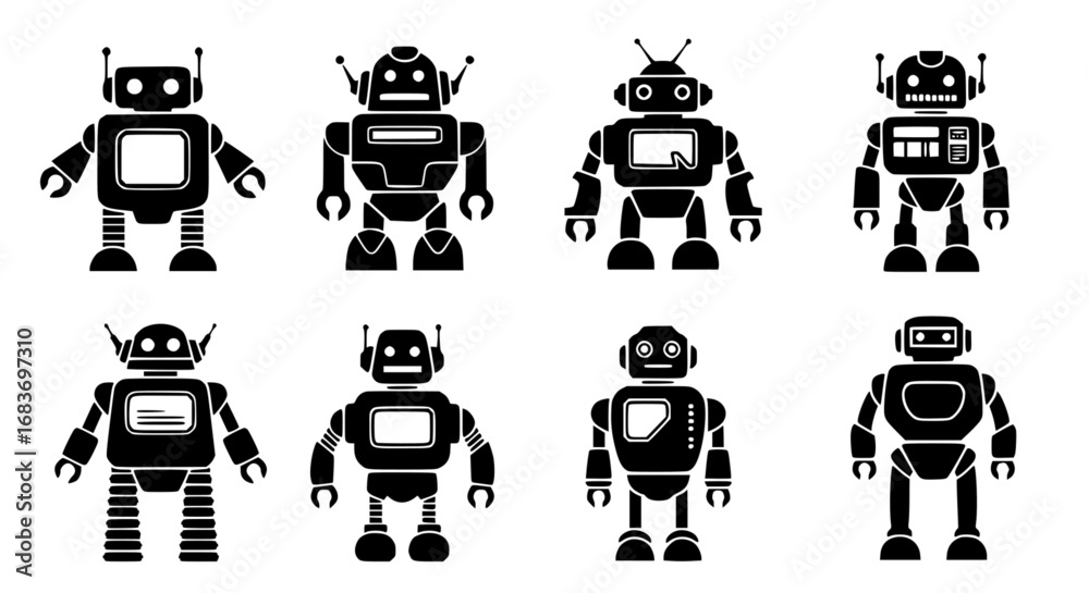 Wall mural a captivating illustration featuring an array of distinct, retro-style robots, each exuding its own 
