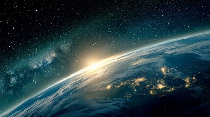 Fototapeta premium Earth viewed from space showing illuminated cities and coastal areas during daytime with stars and cosmic elements in th