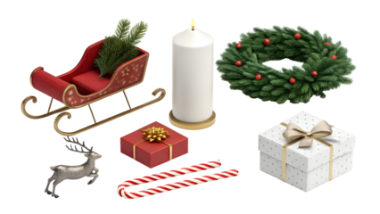Festive 3 D Render of Red Sled with Evergreen Branch White Candle Christmas Wreath Red and White Gifts and Candy Cane Silver Reindeer Figurine isolated on a transparent background