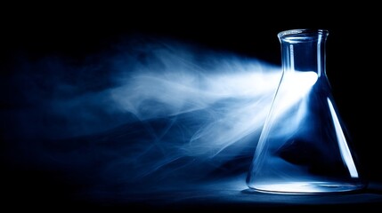 A blue mist emits from an Erlenmeyer flask placed against a dark backdrop,