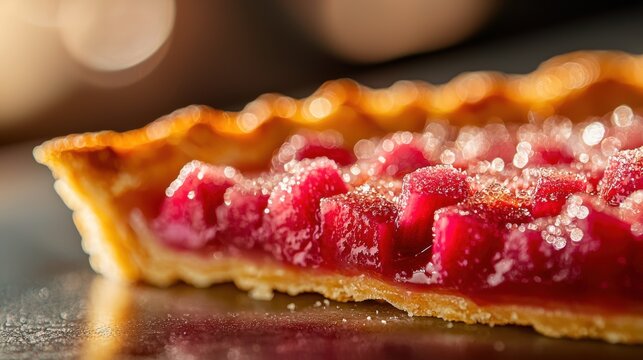Luxury rhubarb tart close-up showcasing jewel-toned red filling and amber surface, flaky golden pastry layers in upscale culinary styling