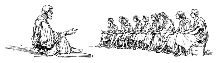 teacher speaking to group of seated men in ancient setting