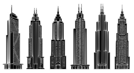 A stylized array of towering skyscrapers, rendered in black and white, symbolizes urban progress and architectural innovation. vector illustration
