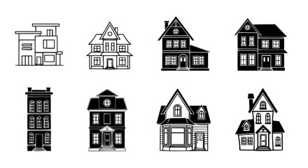 Fototapeta premium A diverse collection of meticulously designed house silhouettes, showcasing a range of architectural styles, presented in a visually striking composition. vector illustration