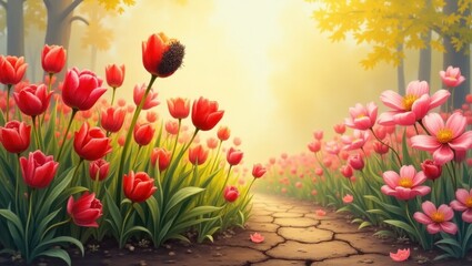 A sun-drenched path winds through a vibrant field of tulips and cosmos, bathed in a warm, golden light.