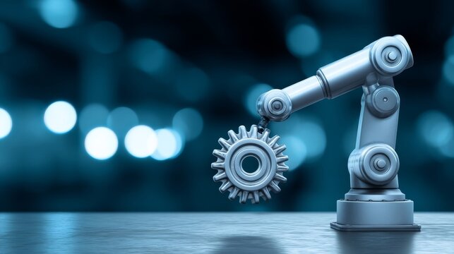 A sleek metallic robotic arm holds a large gear with interlocking teeth,