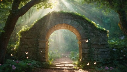 Sunbeams Illuminate a Stone Archway in a Lush, Enchanting Forest