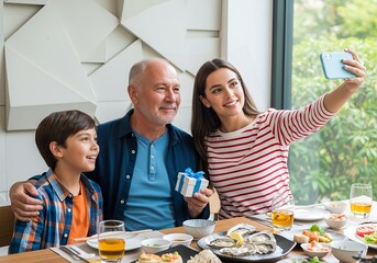 Happy multi-generational family celebrating with a gift and taking a selfie at dinner