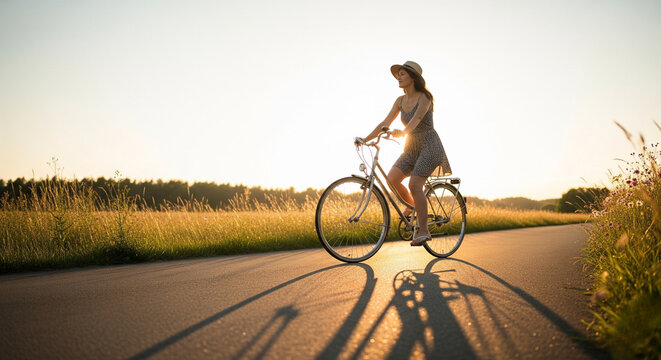 Woman with bicycle in golden field at sunset