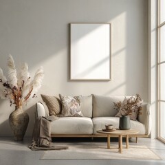 Clean minimal boho living room interior with blank poster frame, beige-gray palette, natural soft light, cozy furniture, muted color scheme, perfect for wall art mockup and interior design projects