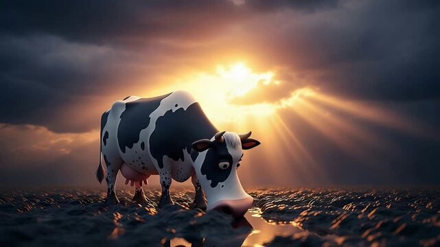 Cinematic cow on reflective wet ground with sunrays piercing storm clouds at sunset.