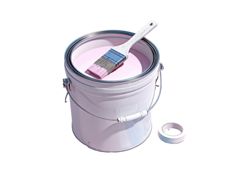A pale pink paint can, open, with a paintbrush dipped in the paint, and masking tape beside it.  3D rendered