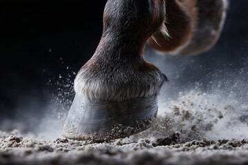 A horse's hoof kicks up sand as it moves. The scene captures the power and agility of the animal's stride