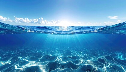 Fototapeta premium Split-view of a vibrant ocean scene. Sunlight streams through the water's surface, illuminating the shallow seabed. Tranquil, clear turquoise water meets a bright, cloud-filled sky