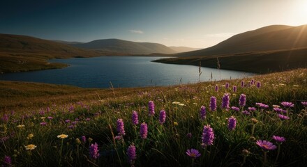 Fototapeta premium Serene alpine lake at sunset, wildflowers abound