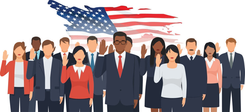 Diverse group pledges allegiance with American flag background