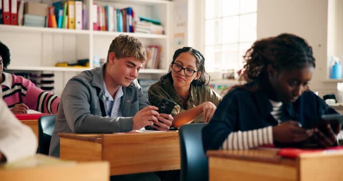 Research, online and students with smartphone, classroom or teen with tech for assignment on website. Learning, pupil and friends with mobile for exam preparation, growth or development in highschool