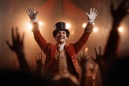 A charismatic circus ringmaster captivating the crowd with his performance. The ringmaster is wearing a top hat, gloves, and a red coat with gold embellishments.