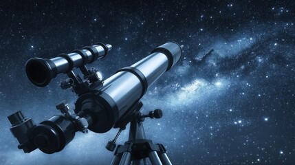 Nighttime scene with a large compound telescope mounted on an adjustable tripod observing a starry sky featuring the Mil