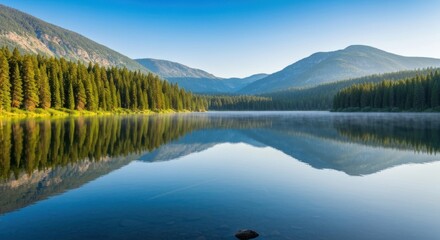 Fototapeta premium Serene lake mirroring mountains. Tranquil morning mist over still water. Lush pine forest borders the shore