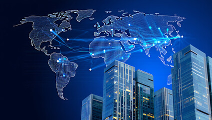 A digital world map over layed on a cityscape, symbolizing global connections and international business with glowing nodes and lines representing data flow and communication networks