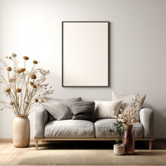 Boho-style living room with blank poster frame on wall, beige and gray color palette, minimalist cozy furniture, muted tones, natural light, perfect template for wall art, poster design and print mock